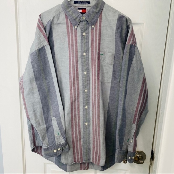 Men shirt Tommy Hilfiger Shirt button down long sleeve gray maroon cotton Large - Picture 9 of 10